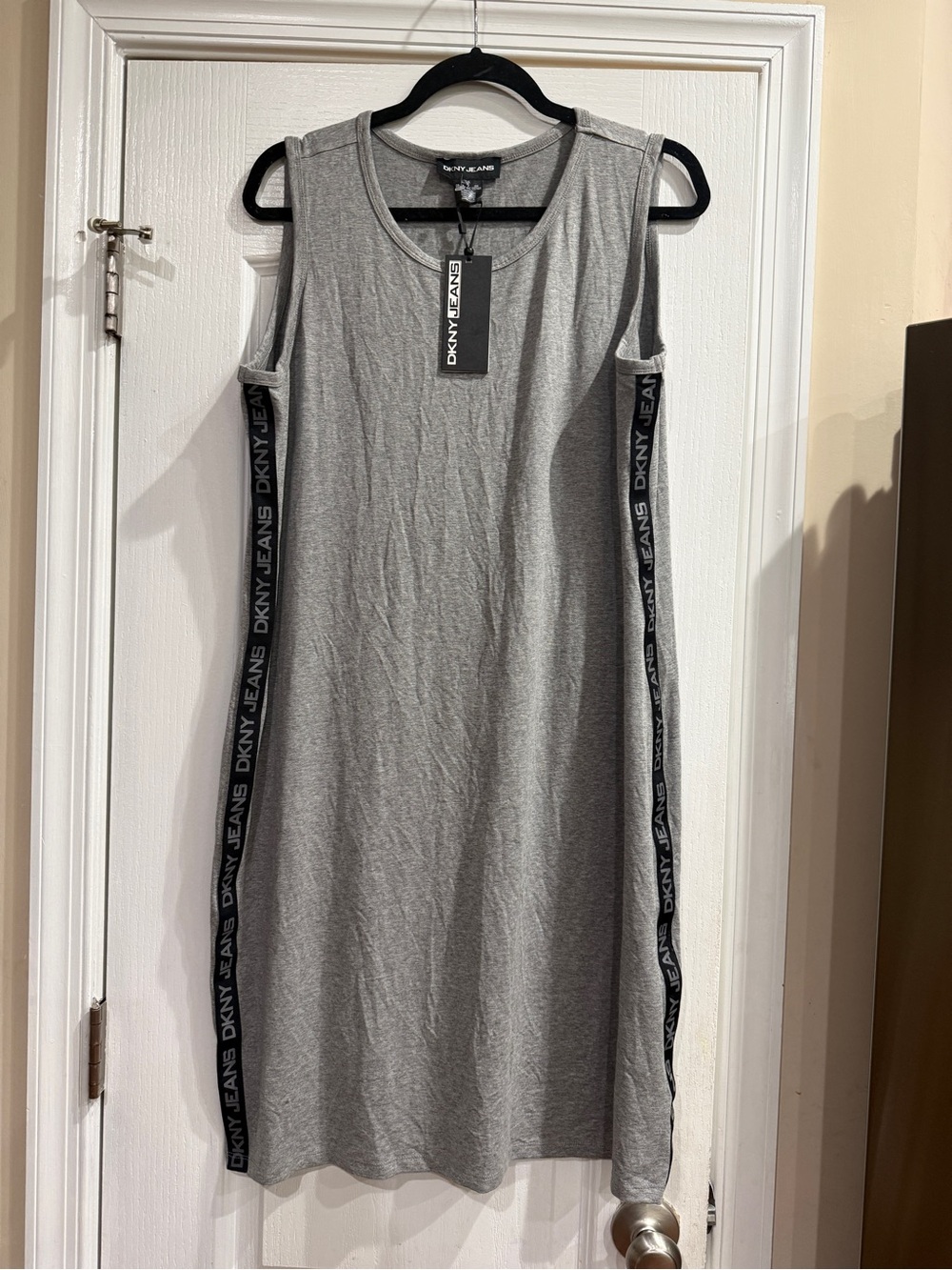 DKNY Gray Sleeveless Midi Tank Dress with Logo Side Tape